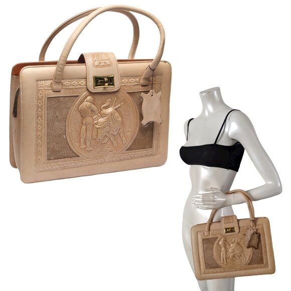 Vintage Mexican Tan Tooled Leather Handbag Purse Mayan Art Bull Retro Top Handle - Picture 4 of 16